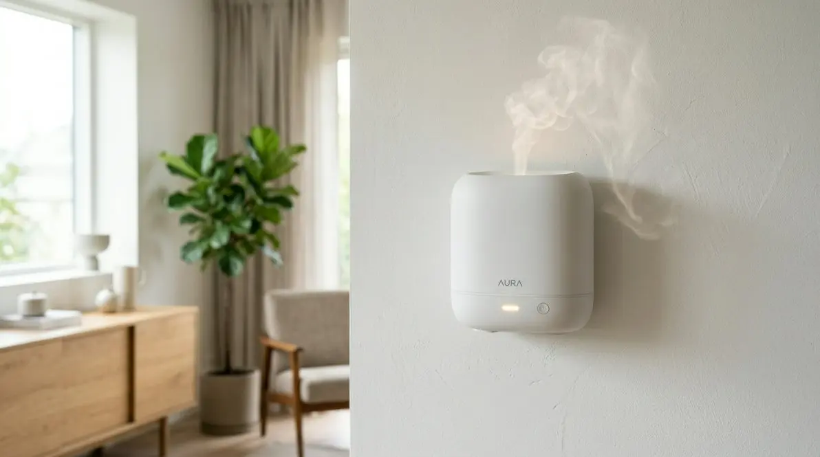 A sleek, minimalist Smart Home Scent Air Machine mounted on a clean white wall in a modern smart home living room, showcasing subtle vapor dispersion and an elegant design.